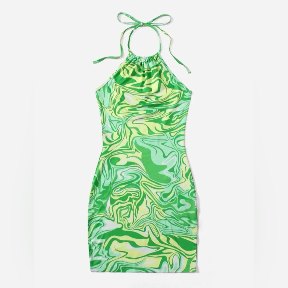 Neon Green Halter Rave Groovy Retro BodyCon Dress Swirly SHEIN